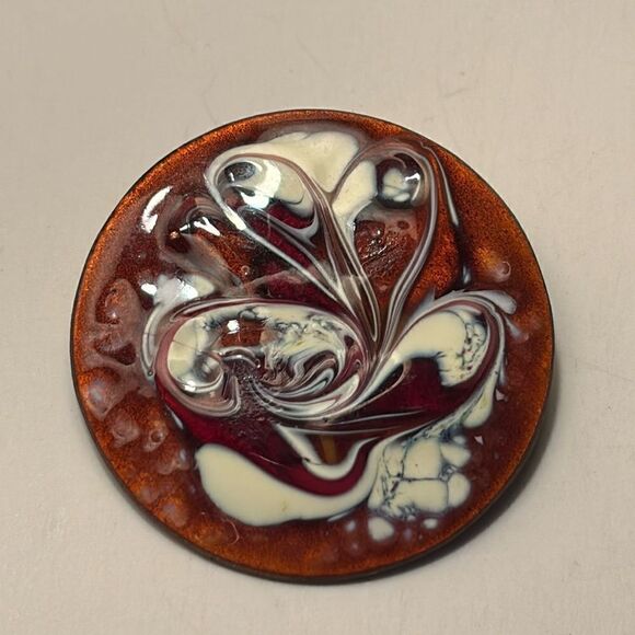 Vintage Brown and White Swirl Copper Enamel Circular Brooch Pin 1960s - Picture 1 of 4